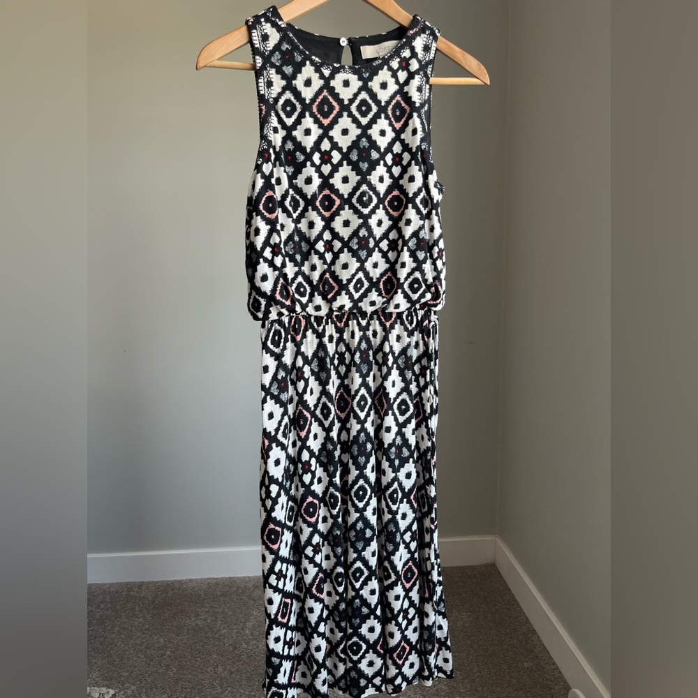 Black, White, Coral Geometric Pattern Midi LOFT Dress, Size XS